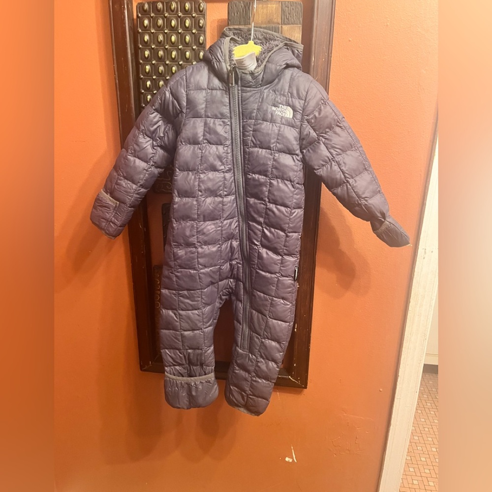 North Face Gray Quilted Infant One-Piece Snowsuit with Hood